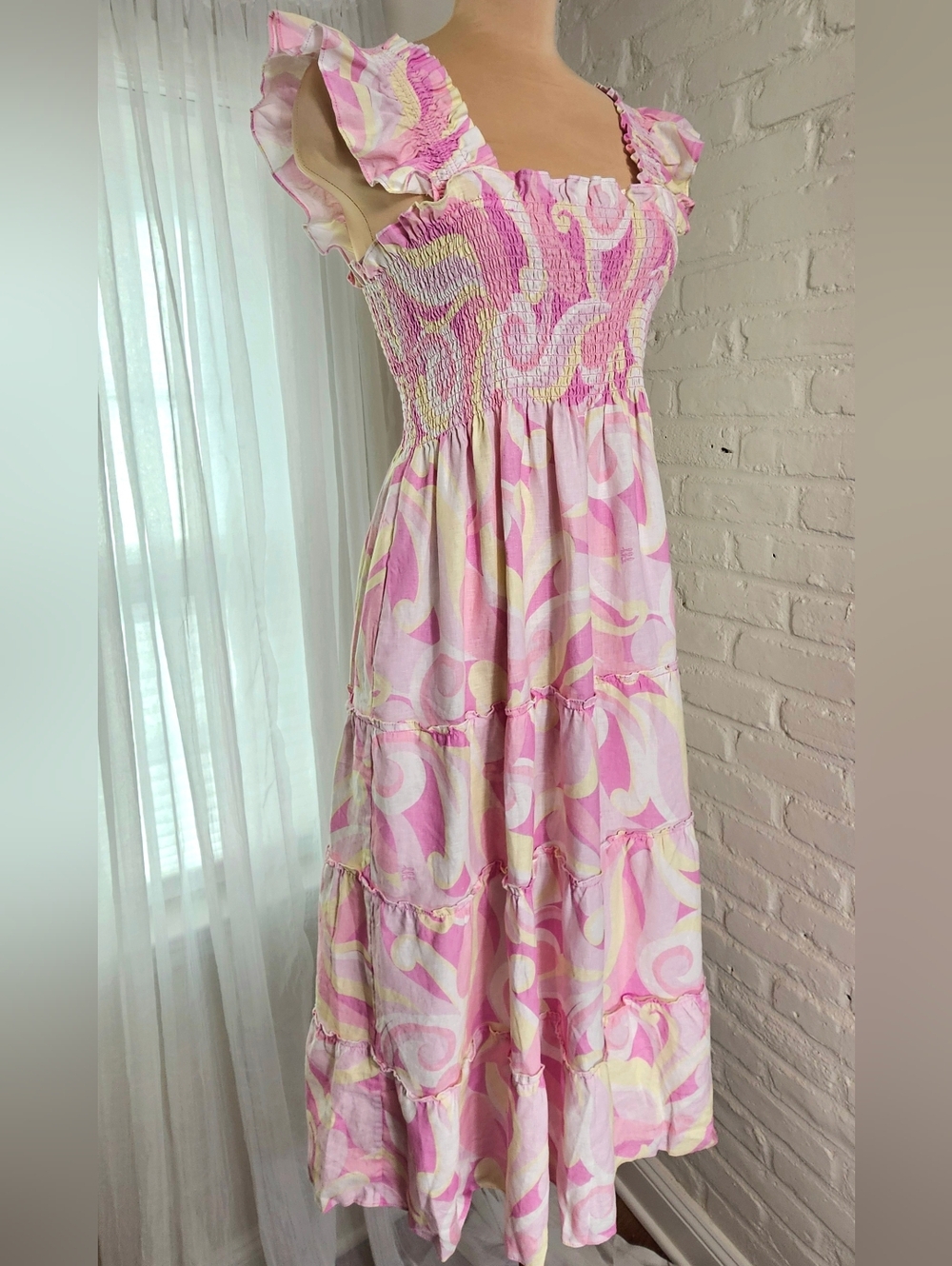 Hill House Ellie Nap Dress Pink Print Smocked Midi Dress Size M - Picture 2 of 10